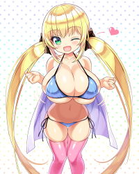 Rule 34 | 1girl, bikini, blonde hair, blush, breasts, cleavage, covered erect nipples, curvy, green eyes, hair ribbon, highres, huge breasts, looking at viewer, navel, one eye closed, open mouth, oppai loli, pink legwear, ribbon, shortstack, shuz (dodidu), simple background, solo, swimsuit, tagme, tongue, twintails, underboob, wide hips, wink