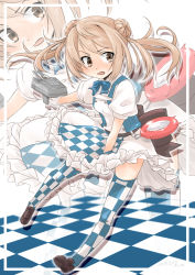 Rule 34 | 1girl, adapted turret, black footwear, checkered clothes, checkered floor, checkered legwear, checkered skirt, commentary request, compass, enemy lifebuoy (kancolle), full body, fyuo, hair bun, highres, kantai collection, light brown hair, loafers, michishio (kancolle), puffy short sleeves, puffy sleeves, shoes, short hair, short sleeves, short twintails, skirt, solo, twintails, two-tone dress, yellow eyes, zoom layer