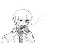 Rule 34 | 1boy, bad id, bad twitter id, bags under eyes, cigarette, coat, dot nose, earrings, glasses, gloves, greyscale, holding, holding cigarette, jewelry, jitome, long hair, long sleeves, male focus, monochrome, original, ponytail, semi-rimless eyewear, simple background, smoke, smoking, solo, sweater, tsu (lovesick1964), turtleneck, turtleneck sweater, under-rim eyewear, upper body, white background