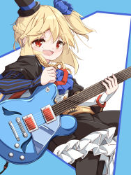 Rule 34 | 1girl, :d, absurdres, black hat, black skirt, black socks, blonde hair, blue flower, braid, electric guitar, flower, frilled skirt, frills, girls&#039; frontline, guitar, hair flower, hair ornament, hat, highres, holding, holding instrument, instrument, kneehighs, long sleeves, looking at viewer, matsuo (matuonoie), mini hat, mini top hat, nagant revolver (astral bond) (girls&#039; frontline), nagant revolver (girls&#039; frontline), official alternate costume, one side up, open mouth, red eyes, shirt, skirt, sleeves past wrists, smile, socks, solo, striped, tilted headwear, top hat, white shirt