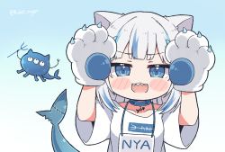 Rule 34 | 1girl, :d, alternate costume, animal hands, blue eyes, blue hair, blush stickers, chibi, closed eyes, commentary, english commentary, fins, fish tail, gawr gura, gloves, hololive, hololive english, kukie-nyan, looking at viewer, medium hair, multicolored hair, open mouth, paw gloves, shark tail, sharp teeth, shirt, silver hair, smile, solo, streaked hair, t-shirt, tail, teeth, twitter username, upper teeth only, virtual youtuber, white shirt
