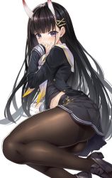 Rule 34 | 1girl, ass, azur lane, black hair, blush, brown pantyhose, commentary request, covering own mouth, earrings, emanon123, from side, hair tie, highres, horns, jewelry, loafers, long hair, midriff, midriff peek, multicolored neckerchief, neckerchief, noshiro (azur lane), oni horns, pantyhose, purple eyes, school uniform, serafuku, shoes, solo, thick thighs, thighs, white background, yellow neckwear