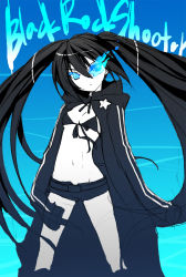 Rule 34 | 10s, 1girl, bad id, bad pixiv id, bikini, bikini top only, black bikini, black coat, black hair, black ribbon, black rock shooter, black rock shooter (character), black shorts, blue eyes, blue fire, breasts, cleavage, closed mouth, coat, colored eyelashes, colored skin, cropped legs, cuteg, expressionless, fire, flaming eyes, front-tie bikini top, front-tie top, hands in opposite sleeves, hatsune miku, hood, hood down, hooded coat, legs apart, long hair, long sleeves, looking at viewer, navel, open clothes, open coat, ribbon, short shorts, shorts, small breasts, solo, star (symbol), stomach, swimsuit, twintails, very long hair, vocaloid, white skin