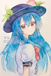 Rule 34 | 1girl, 2zuz4hru, artist name, blue hair, commentary request, dress, food, fruit, hat, hinanawi tenshi, leaf, long hair, looking to the side, painting (medium), peach, puffy short sleeves, puffy sleeves, red eyes, red ribbon, ribbon, short sleeves, solo, touhou, traditional media, twitter username, watercolor (medium), watermark, white background, white dress