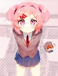 Rule 34 | 1girl, arms behind back, bad id, bad pixiv id, blazer, blue skirt, blush, brown jacket, chair, classroom, closed mouth, desk, doki doki literature club, embarrassed, frown, gift, hair ornament, hairclip, highres, holding, holding behind back, jacket, looking at viewer, natsuki (doki doki literature club), pink eyes, pink hair, pov, ribbon, sakusaku-1204, school, school chair, school desk, school uniform, short hair, skirt, solo, twintails, valentine, yellow ribbon