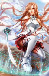 Rule 34 | 10s, 1girl, allison chan, armor, asuna (sao), bare shoulders, blue sky, braid, breastplate, brown eyes, brown hair, cloud, cloudy sky, day, detached sleeves, french braid, lips, long hair, magic circle, nose, on one knee, petals, pleated skirt, skirt, sky, smile, solo, sword, sword art online, thighhighs, weapon, white thighhighs, wind, wind lift