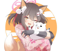 Rule 34 | 1girl, animal, animal ear fluff, animal ears, animal hug, bandaged arm, bandages, black gloves, blue archive, brown hair, colored inner animal ears, commentary request, creature, egasumi, eyeshadow, fang, floral print kimono, fox ears, fox girl, fox mask, fox tail, gloves, hair ornament, half updo, halo, happy, highres, izuna (blue archive), japanese clothes, kimono, makeup, mask, one eye closed, one side up, open mouth, partially fingerless gloves, pink halo, pink kimono, pom pom (clothes), pom pom hair ornament, red eyeshadow, red scarf, rope, scarf, shimenawa, short hair, skin fang, smile, tail, two-tone background, upper body, utyuueituu, white background, yellow background, yellow eyes