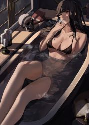 Rule 34 | 1girl, alternate costume, bare legs, bath, bathing, bathtub, bikini, black bikini, black eyes, black hair, blunt bangs, book, breasts, brown eyes, candle, cleavage, feet out of frame, female focus, female masturbation, finger to mouth, fire emblem, fire emblem awakening, hand up, heavy breathing, highres, indoors, j@ck, large breasts, leaning back, legs, long hair, looking at viewer, masturbation, matching hair/eyes, medium breasts, nintendo, parted lips, partially submerged, sitting, skull, smile, solo, steam, swimsuit, tharja (fire emblem), thighs, two side up, underboob, water, wet, window
