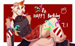 Rule 34 | 1boy, arknights, axianorange, birthday, black footwear, black shirt, brown pants, colored tips, commentary, english commentary, furry, furry male, happy birthday, hat, highres, horns, hung (arknights), komainu boy, komainu ears, looking at viewer, male focus, multicolored hair, one eye closed, orange eyes, pants, party hat, party popper, shirt, single horn, sleeveless, sleeveless shirt
