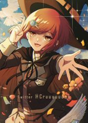 Rule 34 | 1girl, bird, black cape, black jacket, brown cape, brown eyes, cape, commentary request, criis-chan, danganronpa (series), danganronpa v3: killing harmony, dove, flower, gem, hair ornament, hairclip, hand up, hat, index finger raised, jacket, long sleeves, looking at viewer, open mouth, outstretched arm, petals, pleated skirt, red flower, red hair, revision, ribbon, school uniform, shirt, short hair, skirt, smile, solo, witch hat, yumeno himiko