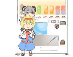 Rule 34 | 2girls, alice margatroid, animal ears, blonde hair, blue dress, buttons, cookie (touhou), dress, grey hair, highres, ichigo (cookie), mouse ears, mouse tail, multiple girls, nazrin, nyon (cookie), on shoulder, outstretched arm, palet200011, red eyes, red headwear, red neckwear, tail, touhou, vending machine