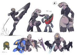 Rule 34 | 1girl, 4boys, absurdres, adjusting clothes, adjusting leotard, alien, among us, armor, artist name, ass, assault rifle, black leotard, blush, boots, breasts, colored skin, dated, digitigrade, embarrassed, energy sword, closed eyes, furry, grey skin, gun, halo (game), headpat, high kick, highres, holding, holding gun, holding weapon, kicking, kig-yar, leotard, multiple boys, muscular, muscular female, rifle, sangheili, sat-v12, simple background, spartan (halo), spoken squiggle, squiggle, standing, standing on one leg, sword, thigh boots, thighhighs, unggoy (halo), weapon, white background, yellow eyes
