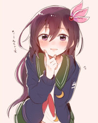 Rule 34 | 10s, 1girl, brown hair, finger to own chin, hair ornament, itomugi-kun, jacket, kantai collection, kisaragi (kancolle), kisaragi kai ni (kancolle), long hair, looking at viewer, open mouth, purple eyes, school uniform, serafuku, smile, solo