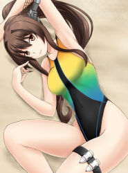 Rule 34 | 10s, 1girl, alternate costume, arm up, armpits, breasts, brown eyes, brown hair, competition swimsuit, covered navel, fuuma nagi, kantai collection, long hair, looking at viewer, lying, on back, one-piece swimsuit, pond, smile, solo, speedo (company), swimsuit, thigh strap, yamato (kancolle)
