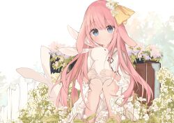 Rule 34 | 1girl, animal, animal ears, animal hug, black ribbon, blue eyes, bow, closed mouth, commentary request, dress, flower, hair between eyes, hair bow, highres, kushida you, long hair, long sleeves, looking at viewer, neck ribbon, original, pink hair, puffy long sleeves, puffy sleeves, rabbit, rabbit ears, ribbon, smile, solo, suitcase, very long hair, white background, white dress, white flower, yellow bow