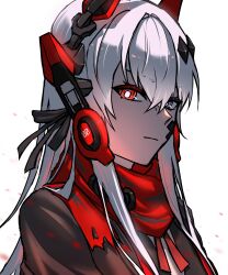 1girl alpha_(pgr) bandaid bandaid_on_cheek bandaid_on_face black_jacket c0ffeenn crossed_bangs grey_eyes grey_hair hair_between_eyes hair_ornament headgear headphones heterochromia highres jacket long_hair lucia:_crimson_abyss_(pgr) punishing:_gray_raven red_eyes red_scarf scarf sidelocks solo