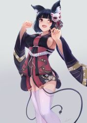 Rule 34 | 1girl, animal ears, azur lane, bell, black hair, black kimono, blunt bangs, blush, breasts, cat ears, cat mask, fang, fox mask, highres, japanese clothes, jingle bell, kimono, large breasts, leonmandala, looking at viewer, mask, mask on head, medium breasts, open mouth, panties, paw pose, red eyes, short hair, short kimono, sideboob, smile, solo, standing, thighhighs, underwear, white thighhighs, wide sleeves, yamashiro (azur lane)
