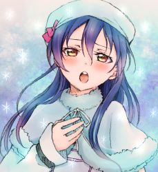 Rule 34 | 10s, 1girl, blue hair, blush, capelet, fur trim, hand on own chest, hat, highres, lilylion26, long hair, looking at viewer, love live!, love live! school idol project, music, open mouth, shawl, singing, snow, snow halation, solo, sonoda umi, very long hair, yellow eyes