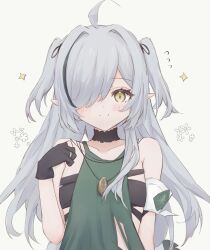 Rule 34 | 1girl, ahoge, arknights, bare shoulders, black gloves, black hair, blush, brown eyes, closed mouth, commentary request, dress, flower, flying sweatdrops, gloves, green dress, grey background, grey hair, hair intakes, hair over one eye, hand up, highres, jewelry, long hair, looking at viewer, multicolored hair, partially fingerless gloves, pointy ears, ring, risshu, simple background, sleeveless, sleeveless dress, smile, solo, sparkle, split mouth, streaked hair, tomimi (arknights), two side up, very long hair, white flower