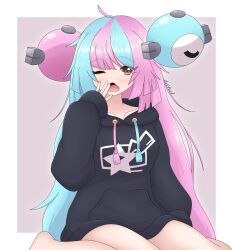 Rule 34 | 1girl, absurdres, black hoodie, blue hair, brown eyes, covering own mouth, creatures (company), game freak, gen 1 pokemon, hair ornament, hand over own mouth, highres, hood, hoodie, iono (pokemon), long hair, looking at viewer, magnemite, messy hair, multicolored hair, nintendo, novabunvt, one eye closed, pink hair, pokemon, pokemon sv, signature, simple background, sleepy, solo, two-tone hair, yawning