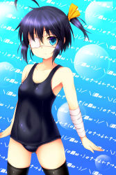 Rule 34 | 10s, 1girl, ahoge, bad id, bad pixiv id, bandages, black hair, black thighhighs, blue eyes, chuunibyou demo koi ga shitai!, collarbone, eyepatch, kinta (distortion), looking at viewer, one-piece swimsuit, school swimsuit, side ponytail, solo, swimsuit, takanashi rikka, thighhighs, wrists extended