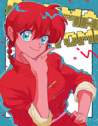 Rule 34 | 1980s (style), 1girl, blue eyes, braid, braided ponytail, breasts, character name, chinese clothes, genderswap, genderswap (mtf), hand on own hip, highres, looking at viewer, medium breasts, nmnm bbb, oldschool, pastel colors, ranma-chan, ranma 1/2, red hair, retro artstyle, saotome ranma, short hair, sleeves pushed up, smile, solo, tangzhuang