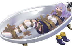 Rule 34 | 86 -eightysix-, absurdres, antenna hair, bare legs, bathtub, bdsm, blue eyes, blue hair, blush, bondage, bound, breasts, crying, feet, gagged, highres, kidnapped, large breasts, long hair, looking at viewer, lying, military, military uniform, pantyhose, parted bangs, pick&#039;k, signature, skirt, tied, uniform, vladilena millize, white background