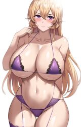 Rule 34 | 1girl, absurdres, alternate breast size, arm behind back, blush, bra, breasts, closed mouth, collarbone, commentary, curvy, garter belt, groin, hand up, highres, huge breasts, jasony, lingerie, looking at viewer, nakiri erina, navel, panties, purple bra, purple garter belt, purple panties, shokugeki no souma, simple background, solo, stomach, thigh gap, underwear, v-shaped eyebrows, white background