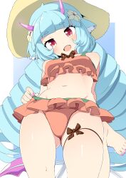 Rule 34 | 1girl, barefoot, bikini, blue hair, blush, breasts, delmin (show by rock!!), drill hair, flower, frilled bikini, frills, from below, hair flower, hair ornament, hat, horns, leg up, light blue hair, long hair, looking at viewer, navel, open mouth, orange bikini, pink horns, red eyes, show by rock!!, skindentation, small breasts, smile, solo, swimsuit, thigh strap, tottotonero, twin drills, very long hair