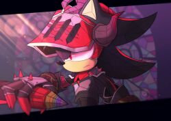 Rule 34 | 1boy, animal ears, animal nose, armor, artist name, black border, black fur, border, from side, frown, furry, furry male, gauntlets, glaws, hedgehog ears, helm, helmet, highres, horns, light rays, red armor, red eyes, red fur, shadow the hedgehog, shiiyou, sketch, snout, sonic (series), sonic and the black knight, twitter username, two-tone fur, window