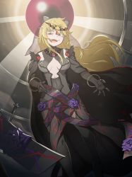 Rule 34 | 1girl, absurdres, ahoge, black gloves, blonde hair, breasts, cape, cleavage cutout, clothing cutout, colored eyelashes, cowlick, crazy eyes, dress, evil smile, flower, gloves, guyca braves, hand on own hip, highres, isabeau de baviere (madoka magica), jewelry, large breasts, long dress, long hair, magia record: mahou shoujo madoka magica gaiden, mahou shoujo madoka magica, mahou shoujo tart magica, messy hair, outdoors, outstretched arm, pink eyes, queen, ring, rose, smile, solo, tall female, wavy hair