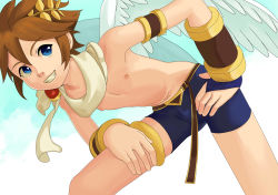 Rule 34 | 1boy, belt, bird wings, child, cloud, green sky, highres, kid icarus, male focus, new race, nipples, outdoors, pit (kid icarus), topless male, short hair, shorts, sky, smile, solo, standing, tagme, wings