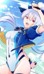 Rule 34 | 1girl, :d, blue bow, blue one-piece swimsuit, blue sky, bow, breasts, cloud, day, dual wielding, energy sword, fate/grand order, fate (series), grey hair, hair between eyes, highleg, highleg swimsuit, highres, holding, jacket, looking at viewer, ma0x0o, medium breasts, mitsudomoe (shape), multicolored clothes, multicolored swimsuit, one-piece swimsuit, open mouth, outdoors, ponytail, red eyes, short-sleeved jacket, short sleeves, sky, smile, solo, striped wristband, swimsuit, sword, thigh strap, tomoe (symbol), tomoe gozen (fate), tomoe gozen (swimsuit saber) (fate), tomoe gozen (swimsuit saber) (first ascension) (fate), turtleneck, turtleneck one-piece swimsuit, twitter username, two-tone swimsuit, weapon, white one-piece swimsuit