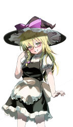 Rule 34 | 1girl, absurdres, apron, black hat, black skirt, black vest, blonde hair, blush, bow, braid, breasts, buttons, commentary request, cookie (touhou), cowboy shot, frilled apron, frilled skirt, frills, grin, hair between eyes, hair bow, hand up, hat, hat bow, highres, kirisame marisa, long hair, looking at viewer, pink bow, puffy short sleeves, puffy sleeves, rectangular eyewear, red-framed eyewear, semi-rimless eyewear, shirt, short sleeves, simple background, single braid, skirt, skirt set, small breasts, smile, solo, tirano tenchou, touhou, turtleneck, under-rim eyewear, uzuki (cookie), v-shaped eyebrows, vest, waist apron, white apron, white background, white shirt, witch hat, yellow eyes