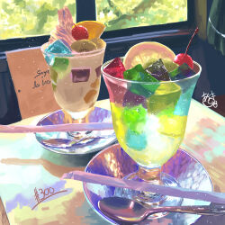 Rule 34 | absurdres, cup, food, food focus, gelatin, highres, jelly punch, no humans, numbered, original, plate, reflection, shadow, spoon, still life, takisou sou, whipped cream