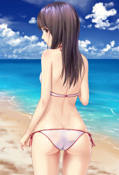 Rule 34 | 1girl, absurdres, arm at side, ass, bare back, bare legs, bare shoulders, barefoot, beach, bikini, breasts, brown eyes, brown hair, butt crack, cloud, cowboy shot, day, flat ass, from behind, highres, horizon, long hair, looking at viewer, looking back, n.g., ocean, original, outdoors, profile, red ribbon, ribbon, shore, side-tie bikini bottom, small breasts, solo, standing, swimsuit, water, water drop, wet, wet hair, white bikini