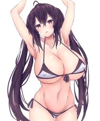 Rule 34 | 1girl, armpits, arms up, bikini, black hair, breasts, brown eyes, cleavage, embarrassed, covered erect nipples, highres, huge breasts, long hair, looking at viewer, navel, original, solo, swimsuit, tears, twintails, very long hair, white background, yuuki shuri