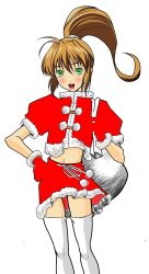 1girl :d blush brown_hair christmas fur_trim gloves green_eyes highres hiroyoshi_sakamoto holding holding_sack long_hair looking_at_viewer midriff navel open_mouth ponytail precis_neumann red_gloves red_skirt sack simple_background skirt smile solo star_ocean star_ocean_the_second_story thighhighs white_background