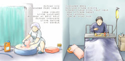 Rule 34 | 1boy, 1girl, bed, children&#039;s book, eating, harada midori, hospital, hospital bed, indoors, intravenous drip, pig, shower cap, sick, translation request