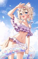 Rule 34 | 1girl, alternate costume, animal ears, arm up, bandaid, bandaid hair ornament, bikini, blonde hair, blue eyes, blue sky, breasts, cloud, commentary, crossed bangs, day, dog ears, dog girl, dog tail, double-parted bangs, english commentary, fake horns, frilled bikini, frills, hair between eyes, hair ornament, hairband, hairclip, halterneck, highres, holding, holding swim ring, hololive, hololive english, horns, innertube, knees out of frame, kuri (animejpholic), looking at viewer, mococo abyssgard, multicolored hair, navel, ocean, outdoors, pink hair, pink hairband, revision, short hair, sky, small breasts, solo, standing, stomach, streaked hair, swim ring, swimsuit, tail, transparent innertube, two side up, virtual youtuber, white bikini, x hair ornament