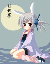 Rule 34 | animal ears, flat chest, grey hair, japanese clothes, kimono, kneehighs, moon, open clothes, open shirt, ponytail, red eyes, shirt, short hair, side ponytail, socks, tabi