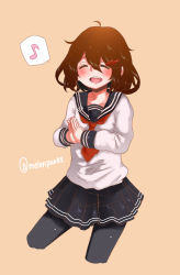 Rule 34 | 10s, 1girl, ahoge, black pantyhose, blush, brown hair, cropped legs, closed eyes, fang, hair ornament, hairclip, ikazuchi (kancolle), kantai collection, melonpan (artist), musical note, own hands together, pantyhose, pleated skirt, school uniform, serafuku, short hair, skirt, solo, spoken musical note, twitter username