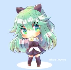 Rule 34 | 1girl, black ribbon, black skirt, black sleeves, black thighhighs, blue background, blush, brown footwear, chibi, commentary request, covered mouth, detached sleeves, full body, green eyes, green hair, hair ornament, hair ribbon, hairclip, kantai collection, kou hiyoyo, long hair, long sleeves, looking at viewer, lowres, pleated skirt, ponytail, ribbon, skirt, sleeves past wrists, solo, standing, thighhighs, twitter username, very long hair, wide sleeves, yamakaze (kancolle)