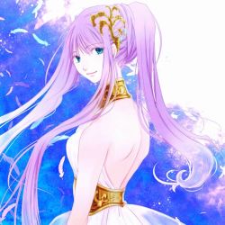 Rule 34 | 1girl, abstract background, alternate hairstyle, armpits, arms at sides, artist request, athena (saint seiya), back, backless dress, backless outfit, bare shoulders, belt, blue eyes, breasts, choker, closed mouth, collar, collared dress, dress, feathers, female focus, from behind, gold belt, gold choker, hair ornament, happy, jewelry, kido saori, light smile, long hair, looking at viewer, medium breasts, neck, neck ring, ponytail, purple hair, saint seiya, shoulder blades, sidelocks, sleeveless, sleeveless dress, smile, standing, tunic, turning head, very long hair, white dress, white tunic