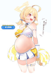 Rule 34 | 1girl, ahoge, big belly, blonde hair, blue archive, blush, braid, breasts, cheerleader, cleavage, commentary request, cropped legs, detached collar, fat, flying sweatdrops, gloves, halo, halterneck, highres, holding, holding pom poms, kotori (blue archive), kotori (cheer squad) (blue archive), large breasts, looking to the side, millennium cheerleader outfit (blue archive), naik, official alternate costume, open mouth, outie navel, pom pom (cheerleading), pom poms, red eyes, short twintails, simple background, skirt, solo, sweatdrop, text print, thigh strap, translation request, triangle halo, twintails, v-shaped eyebrows, white background, white gloves, white skirt, yellow halo