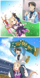 Rule 34 | 1boy, 3girls, absurdres, admire vega (umamusume), animal ears, arms up, asymmetrical gloves, banner, black hair, blonde hair, blue jacket, brown hair, cabbie hat, cape, carrying, comic, confetti, crown, crying, cuirass, ear covers, ear ornament, gloves, gradient eyes, hat, highres, holding, horse ears, horse girl, horse tail, jacket, mini crown, mismatched gloves, multicolored eyes, multiple girls, narita top road (umamusume), number pun, okita trainer, orange eyes, outstretched arm, pointing, pointing at self, purple eyes, reaching, reaching towards viewer, short hair, shoulder carry, silent comic, single ear cover, streaming tears, t.m. opera o (umamusume), tail, tears, thighhighs, tilted headwear, trainer (umamusume), two-tone eyes, umajiri gyuunyuu, umamusume, umamusume: road to the top, vambraces, white gloves, white thighhighs, zipper, zipper pull tab
