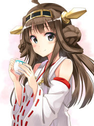 Rule 34 | 10s, 1girl, blush, brown hair, cup, detached sleeves, hyuuga azuri, japanese clothes, kantai collection, kongou (kancolle), long hair, personification, ribbon-trimmed sleeves, ribbon trim, smile, solo, teacup