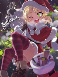 Rule 34 | 1girl, ;d, ario, bell, blonde hair, blurry, blush, boots, capelet, depth of field, female focus, gloves, green eyes, hat, heart, mask, merry christmas, mizuhashi parsee, one eye closed, open mouth, pointy ears, sack, santa hat, sitting, skirt, smile, snowing, solo, straw doll, striped clothes, striped thighhighs, thighhighs, touhou, voodoo doll, wink