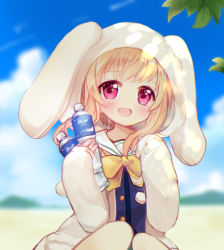 Rule 34 | 1girl, :d, animal ears, animal hood, battle girl high school, blonde hair, blue shirt, blue sky, blurry, blurry background, blush, bottle, cloud, commentary request, day, depth of field, heavy breathing, holding, holding bottle, hood, hood up, jacket, knees together feet apart, long hair, long sleeves, looking at viewer, maodouzi, open clothes, open jacket, open mouth, outdoors, purple eyes, rabbit ears, rabbit hood, sailor collar, school uniform, serafuku, shirt, sitting, sky, sleeves past wrists, smile, solo, sweat, watagi michelle, water bottle, white jacket, white sailor collar