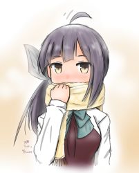 Rule 34 | 1girl, ahoge, bow, bowtie, curse (023), fujinami (kancolle), hair ribbon, halterneck, highres, kantai collection, long hair, long sleeves, looking at viewer, necktie, ponytail, ribbon, scarf, shirt, solo